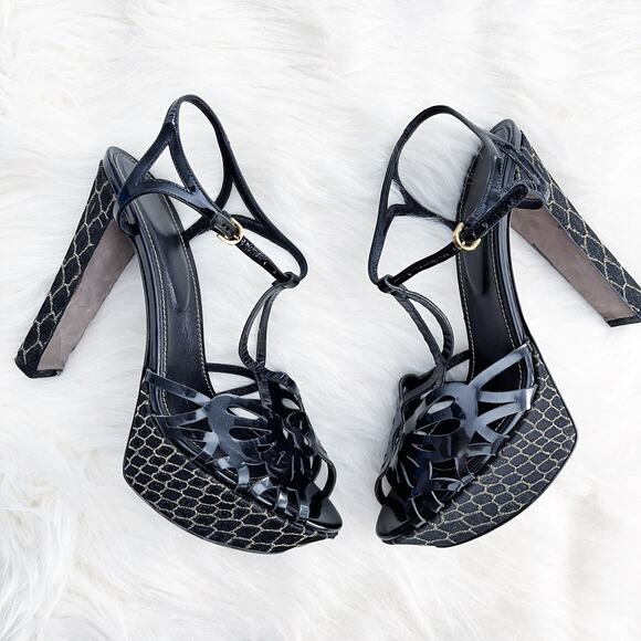 Sergio Rossi Black and Gold Textured Platform Sandals - Picture 3 of 11